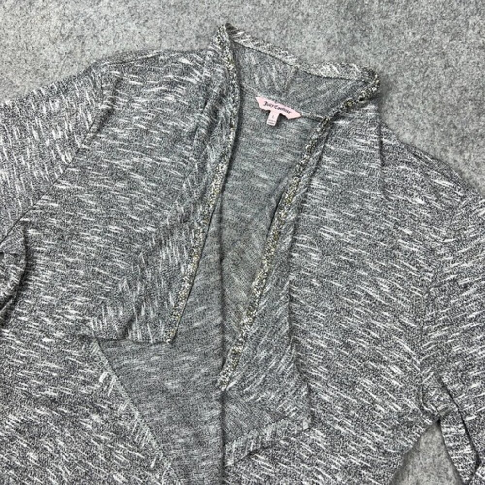 Juicy Couture Cardigan Sweater Women Large Gray Open Front Embellished Waterfall